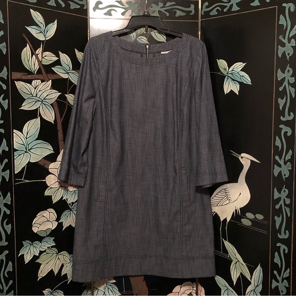 Halogen Gray Long Sleeve Shift Dress Women Sz LP Pockets Zipper Back Adult